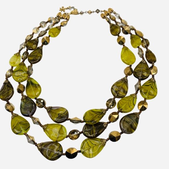 Fabulous Vintage Vendome Olivine Art Glass Multi Strand Necklace Earring… - Picture 3 of 8